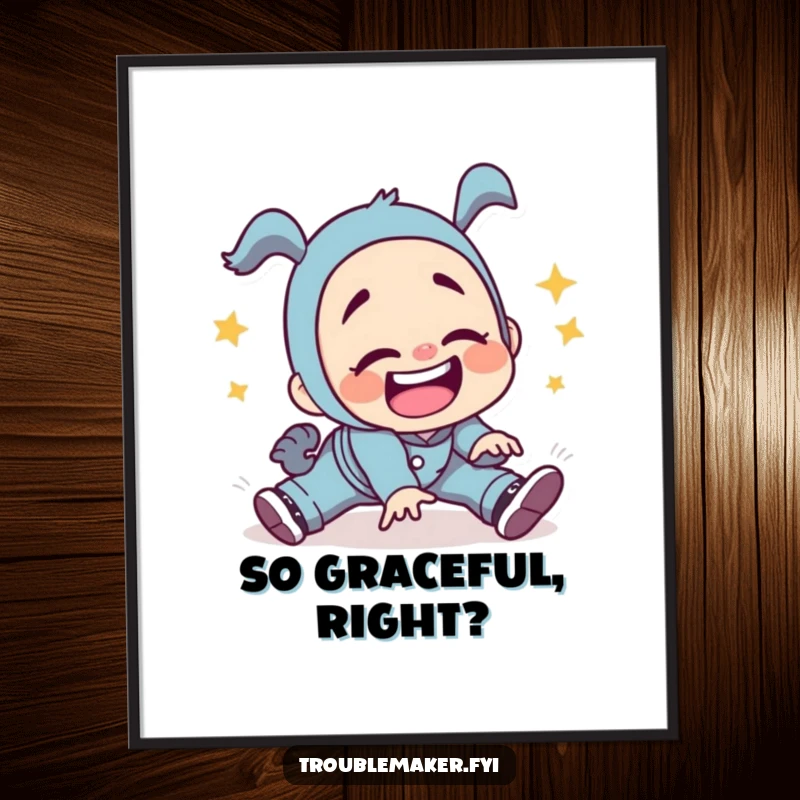 Funny troublemaker character hilariously tripping with a silly grin, presented as digital art, perfect for instant download and adding humorous decor.