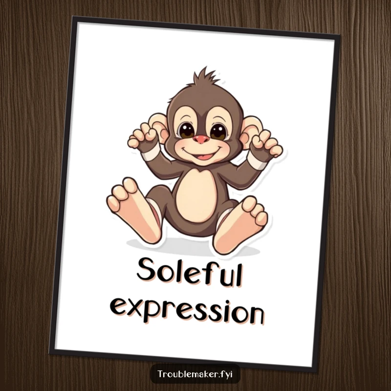 Funny digital art print of a monkey playfully wearing oversized, mismatched socks, embodying carefree style and delightful primate absurdity.