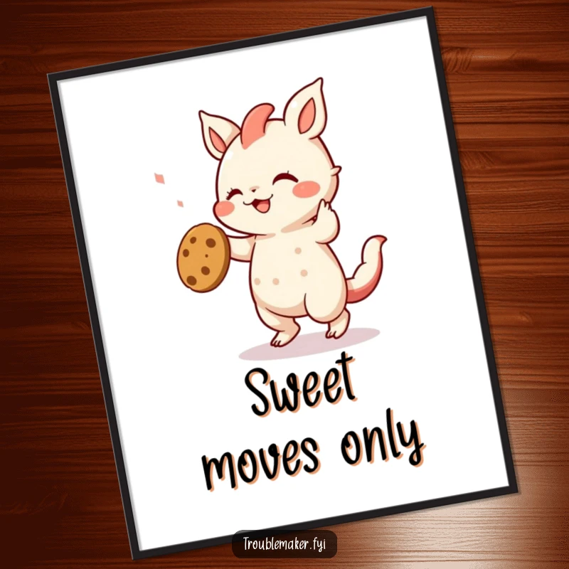 Funny digital art print of a creature doing a hilarious dance with a stolen cookie, a vibrant and joyful celebration of indulgence.