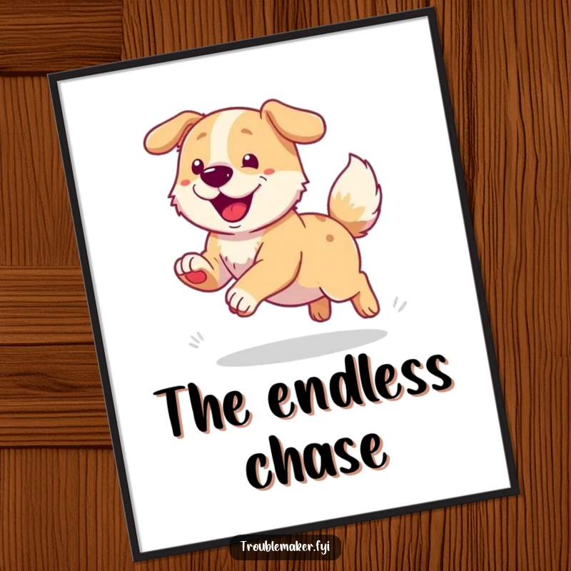 Funny digital art print of a dog joyfully chasing its tail, perfect for immediate happy and humorous wall decor.