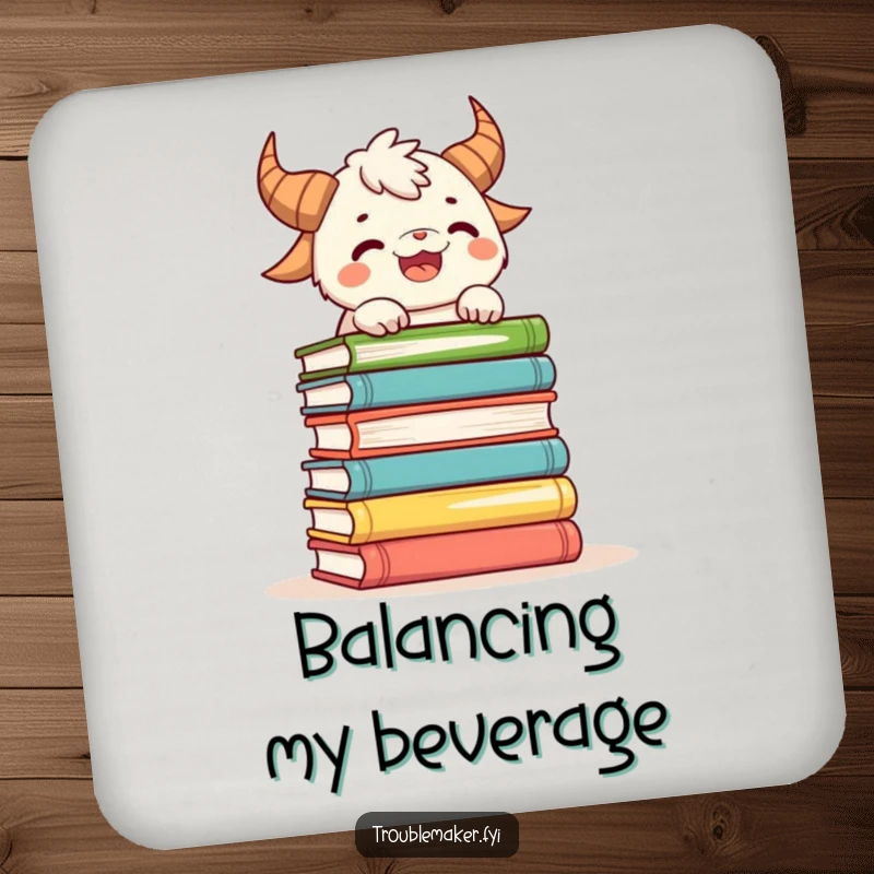 Funny drink coasters showing a playful horned creature balancing a stack of books, adding literary charm.