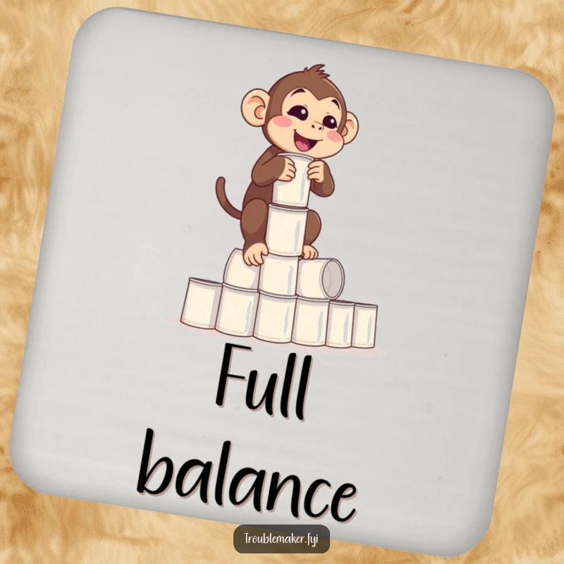 Funny Balance Monkey Coaster with a monkey precariously balancing empty cups, protecting surfaces with humor, ideal funny gift.