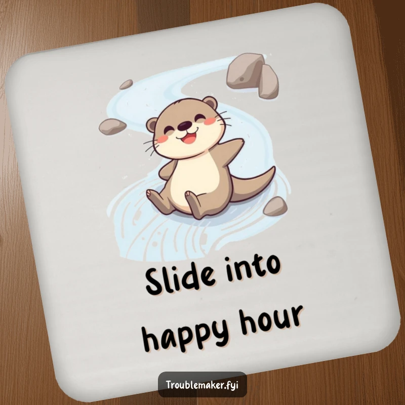 Funny coaster featuring a cheerful otter character sliding down a riverbank, protecting drinks with a touch of humor.