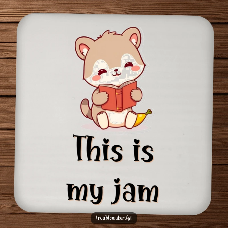 Funny animal character drink coasters, humorously swapping a book for a banana, perfect for protecting surfaces.