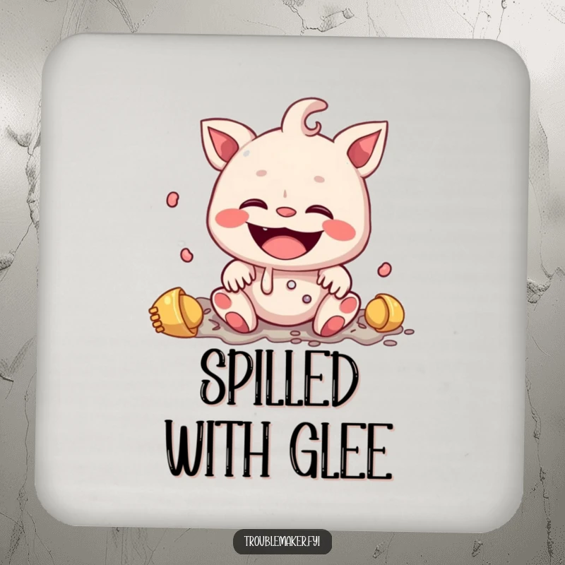 Funny drink coaster showing a creature with an innocent smile making a mess, a humorous design for protecting tables with charm.