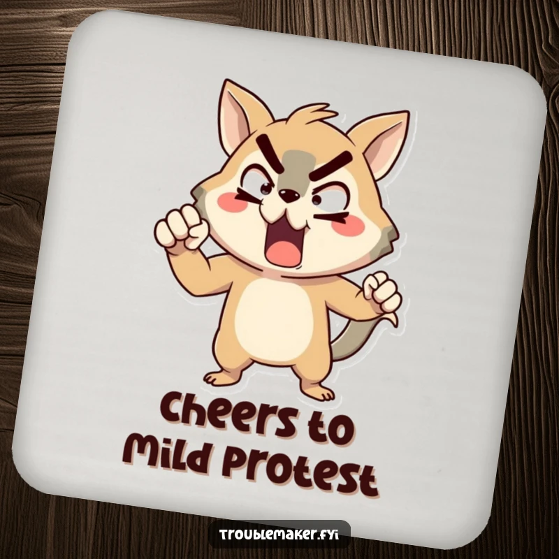 Funny animal character drink coasters, striking an exaggerated pose of mock defiance, perfect for humorous surface protection.