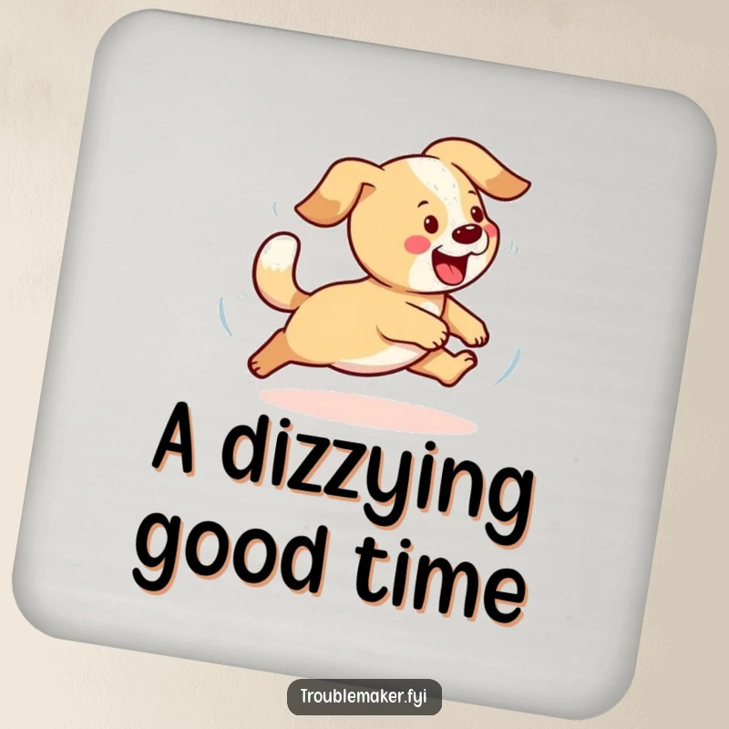 Funny dog coasters featuring a playful dog chasing its tail, adding humorous protection to surfaces for dog lovers.