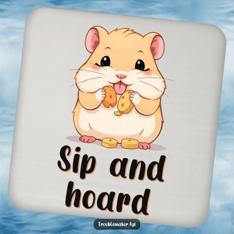 Funny Drink Coaster showing a hamster with stuffed cheeks, ready to enjoy treats, serving as a humorous reminder to use coasters.