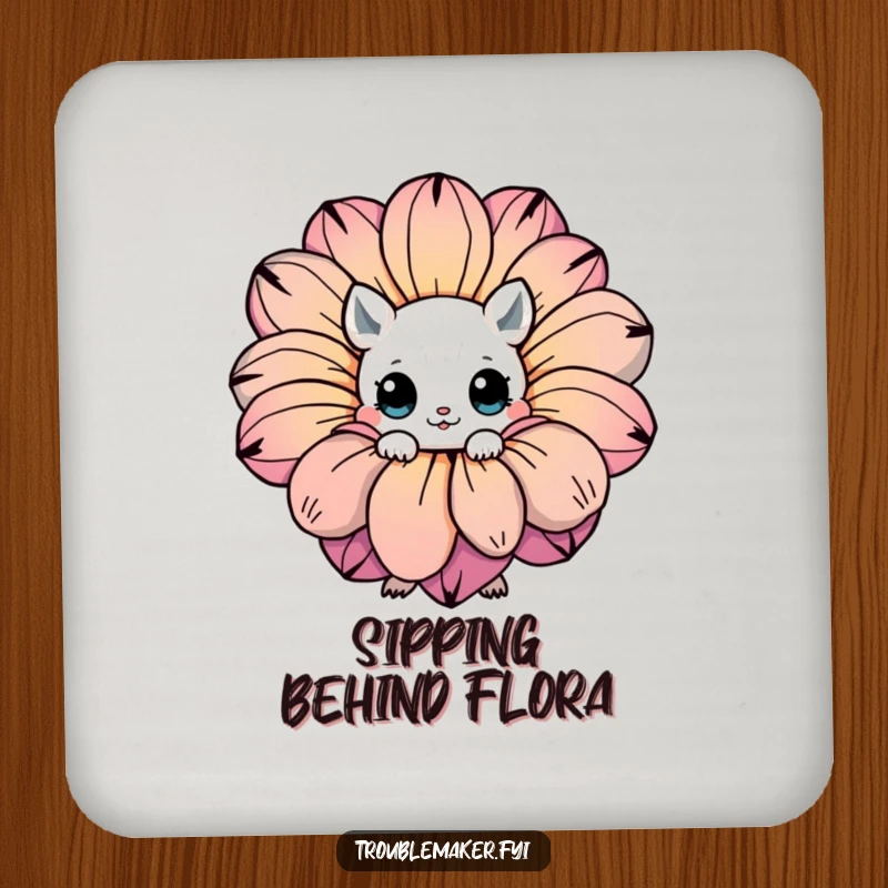 Funny drink coasters showing a creature with expressive eyes hiding behind a giant, colorful flower, adding whimsical charm.
