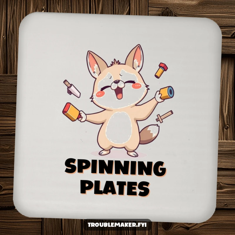 Funny drink coaster featuring a determined animal character comically juggling small objects, adding a touch of humor to any surface.