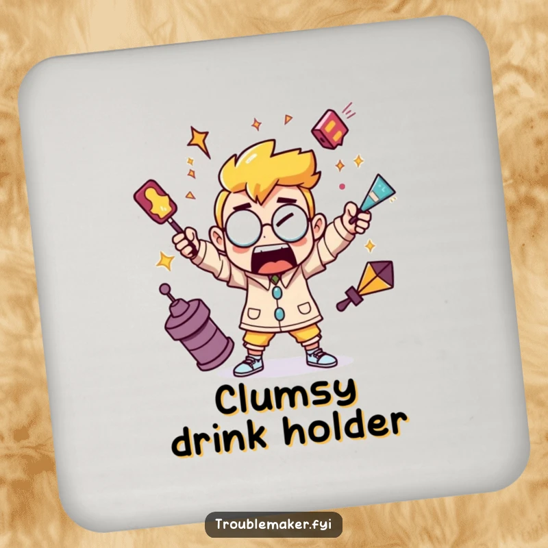 Funny drink coaster with a troublemaker character juggling chaotic objects, adding humor to tabletops.