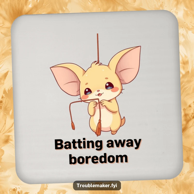 Funny drink coasters showing a creature with large ears playfully batting at a dangling string, adding whimsical charm.