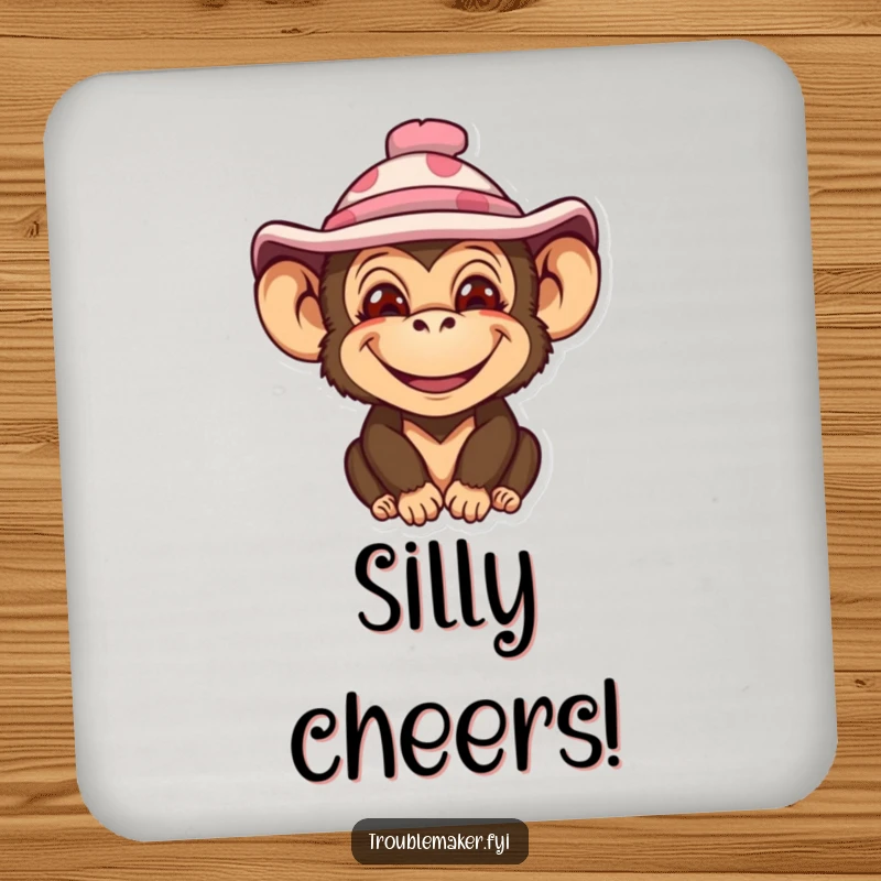 Funny drink coaster featuring a monkey with an impish smile and a silly hat, adding a comical element to beverage enjoyment.