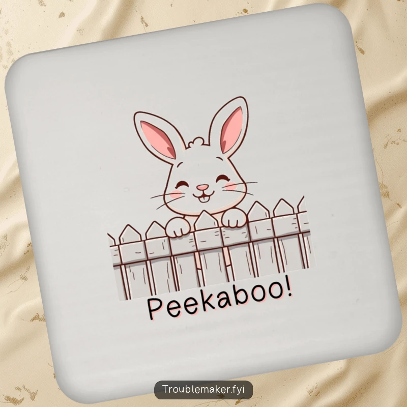 Funny coaster featuring a cute rabbit with a cheeky grin peeking over a fence, protecting surfaces with humor.