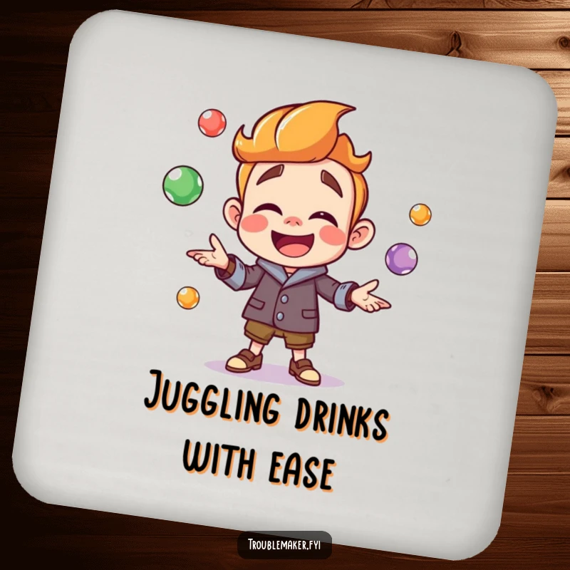 Funny troublemaker character joyfully juggling colorful marbles on a drink coaster, protecting surfaces with a vibrant, playful design.