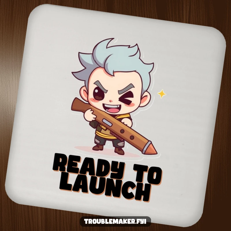 Funny coaster shows a cute troublemaker with a mischievous grin holding a slingshot, adding a touch of playful mischief.