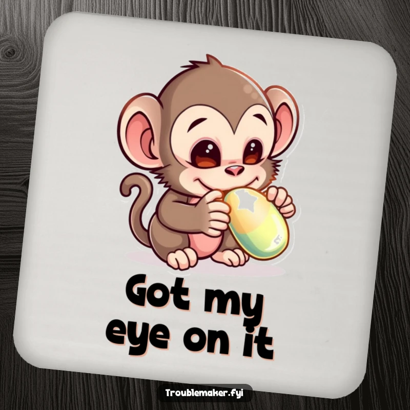 Funny drink coaster with a mischievous monkey creature adorably stealing a shiny object, protecting surfaces with a humorous and charming design.