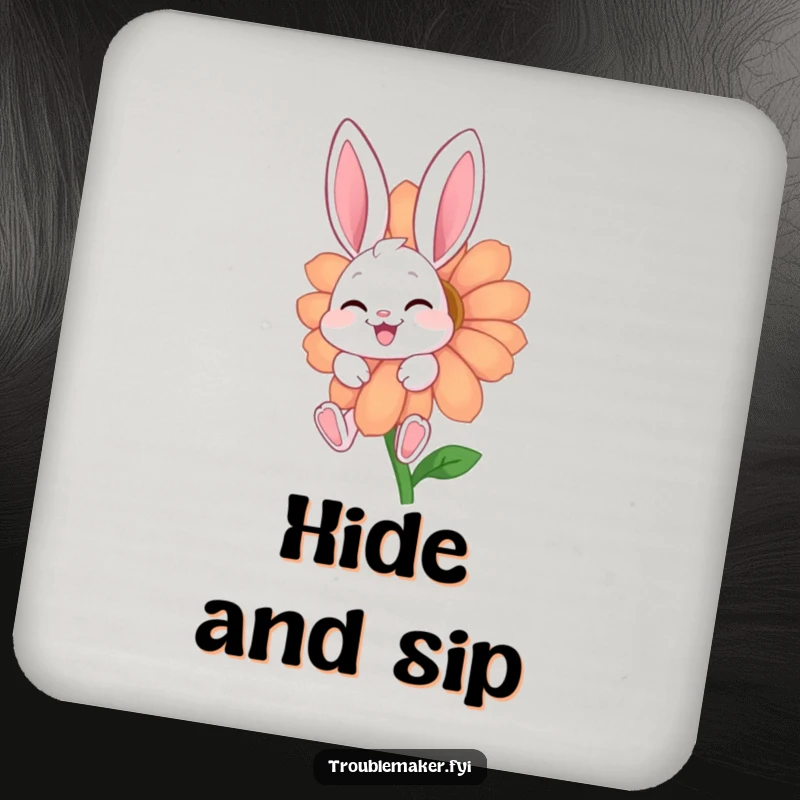 Funny coaster featuring a giggling bunny character peeking from behind a colorful flower, protecting drinks with humor.