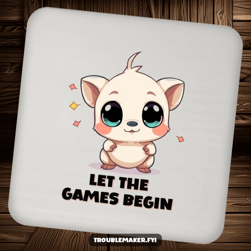 Funny drink coaster with a small creature with wide, curious eyes causing mild chaos, protecting surfaces with a humorous and endearing design.