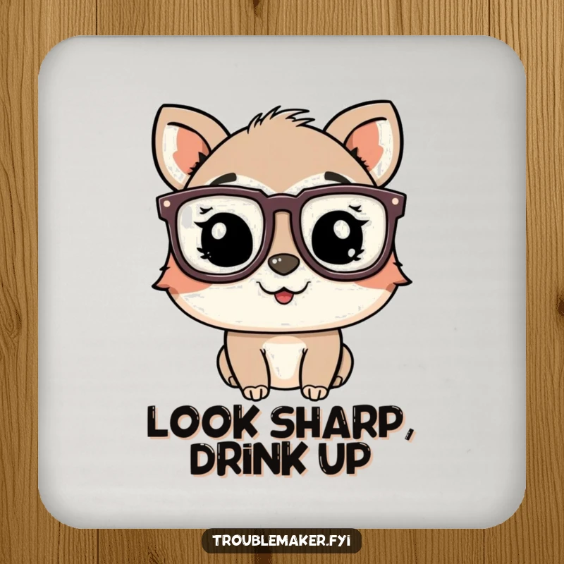 Funny playful animal character wearing oversized glasses and winking, printed on protective drink coasters.