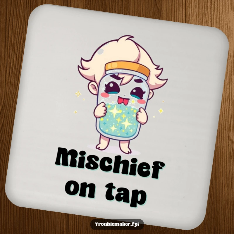 Funny Drink Coasters featuring a troublemaker character holding a jar of sparkling mischief, adding a touch of humor to any setting.