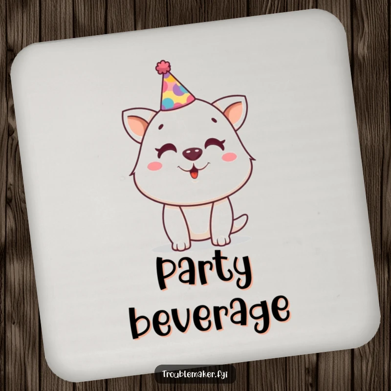 Funny drink coaster featuring a mischievous animal character wearing a tiny, crooked party hat, adding a touch of festive humor.