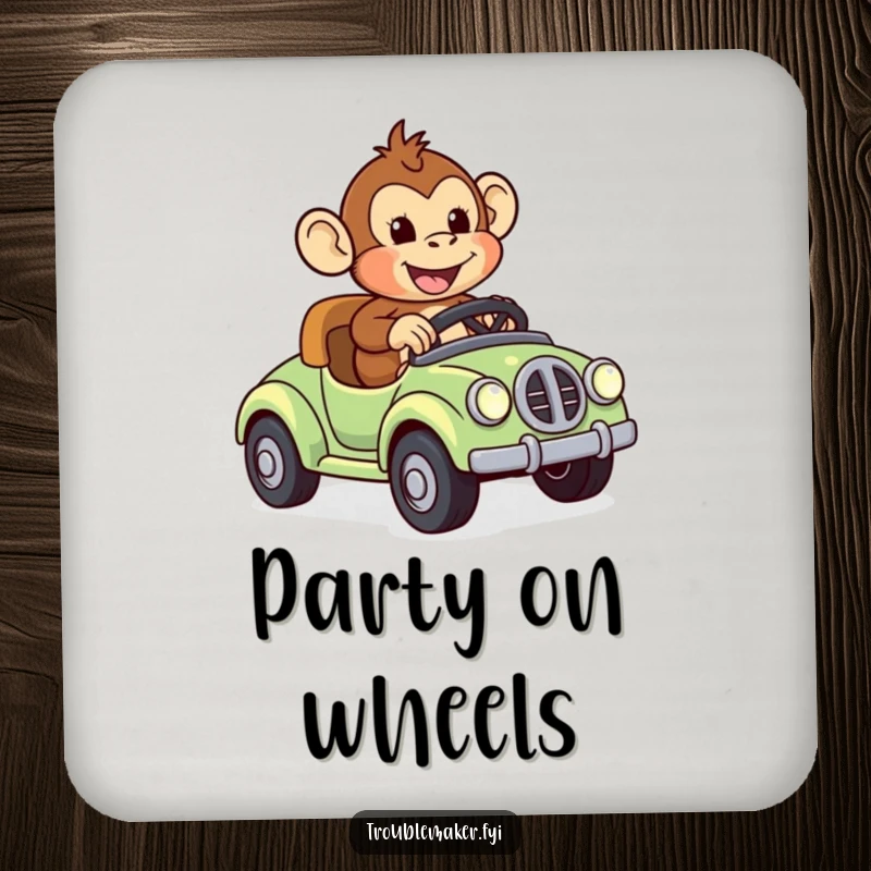 Funny drink coaster depicting a monkey character joyfully riding a runaway toy car, adding playful speed and surface protection.