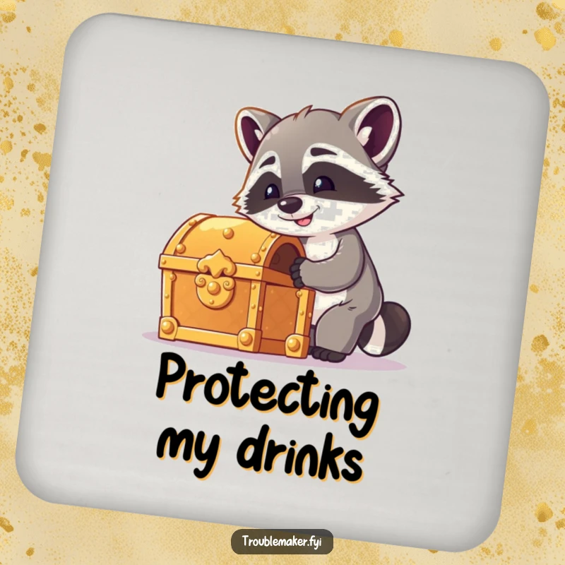 Funny raccoon coasters featuring a cheeky raccoon picking a treasure chest lock, adding humorous protection to surfaces.