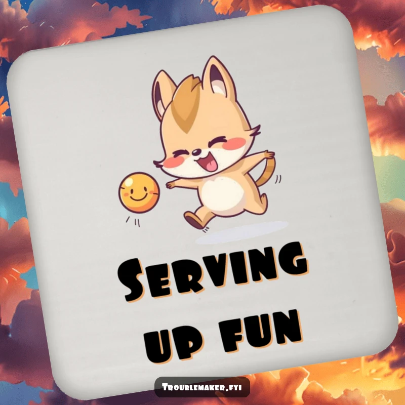 Funny Drink Coaster featuring a trouble maker animal character playfully chasing a smiling ball, adding a whimsical touch to any surface.