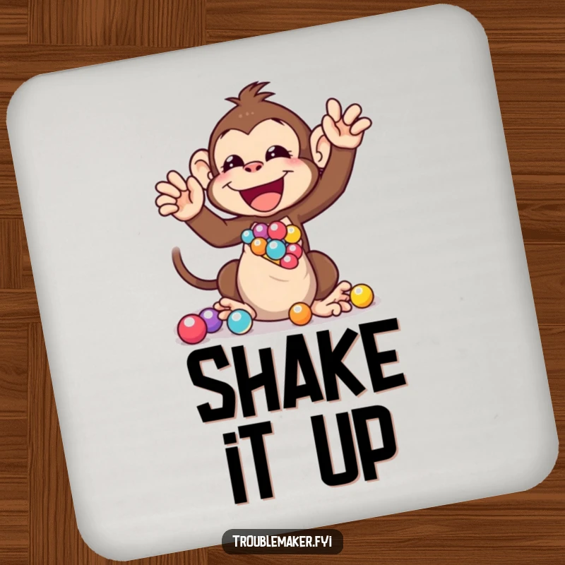 Funny drink coaster depicting a monkey character gleefully shaking a bag of marbles, adding playful charm and protecting surfaces.