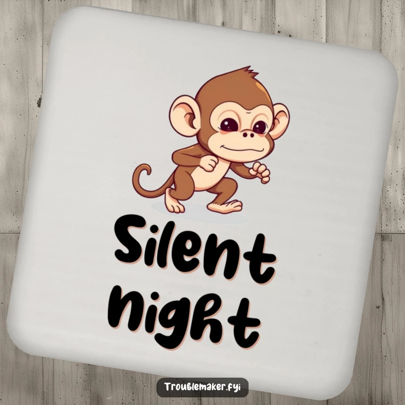 Funny Troublemaker Monkey Coaster with a monkey tiptoeing with exaggerated stealth, protecting surfaces with charm, ideal funny gift.