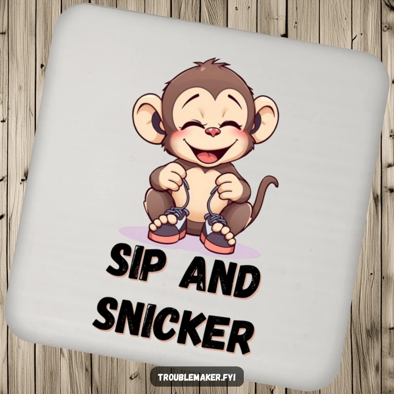Funny drink coasters featuring a giggling monkey tying tiny shoelaces together, protecting surfaces with prank humor.