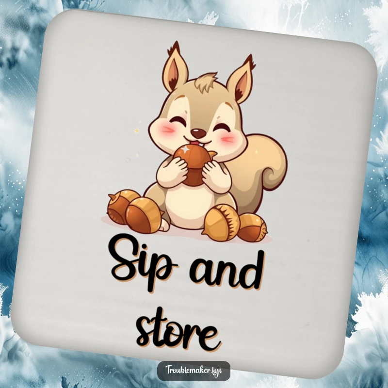 Funny coaster featuring a spirited squirrel character with bulging cheeks, packed with shiny acorns, protecting drinks with humor.