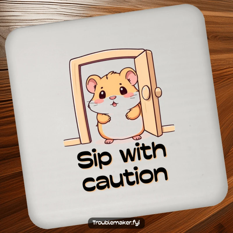 Funny coaster featuring a curious hamster character peeking from a tiny door, protecting drinks with a hint of humor.