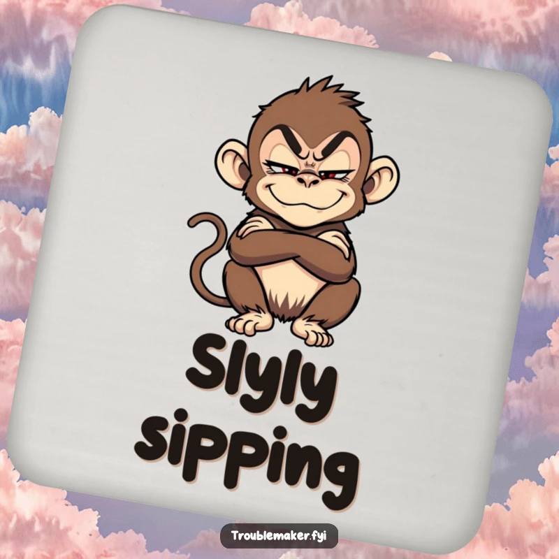 Funny troublemaker monkey with a sly grin and crossed arms on a set of protective drink coasters.