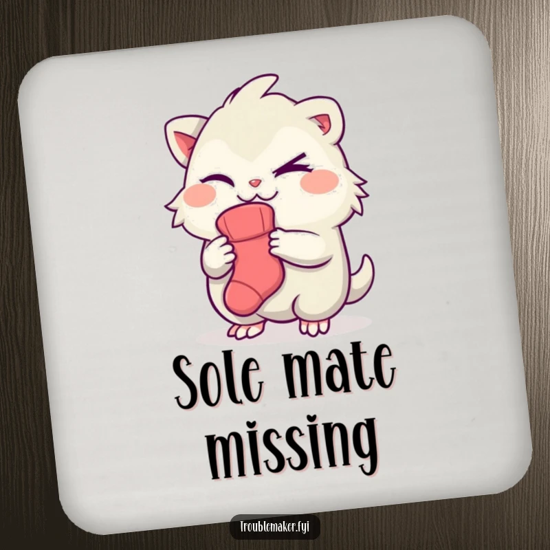 Funny drink coaster showing a creature winking and holding a sock, a humorous design for protecting tables with wit.