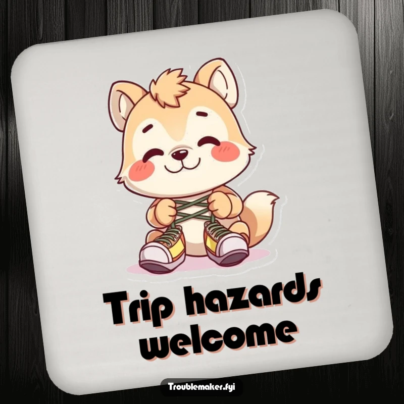 Funny animal character tying shoelaces together with a grin, printed on protective drink coasters.