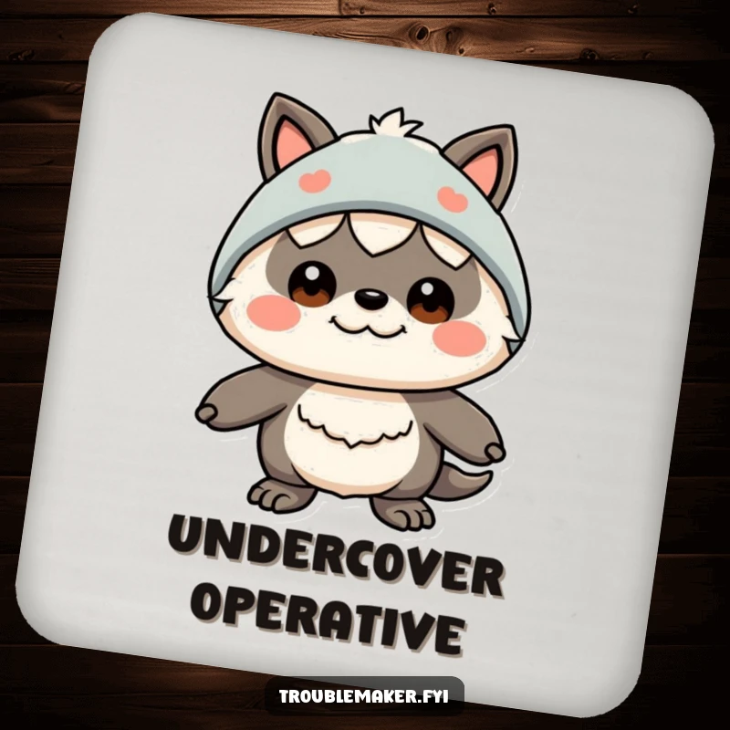 Funny drink coaster with a creature wearing a silly disguise and a funny expression, protecting surfaces with a humorous and visually amusing design.