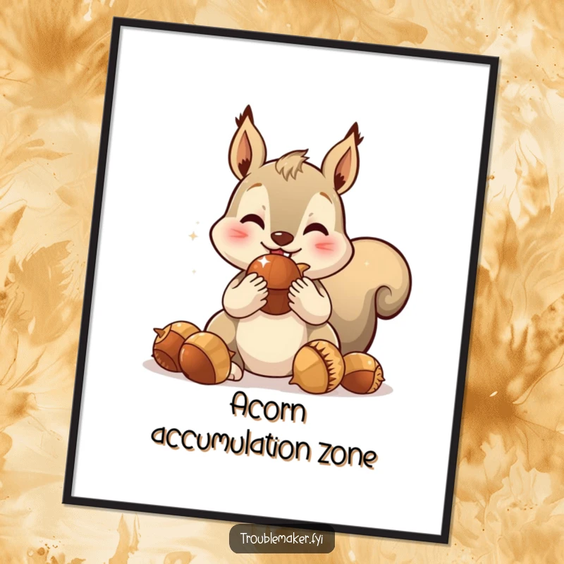 Funny poster featuring a spirited squirrel with overstuffed cheeks, joyfully gathering shiny, oversized acorns, perfect for a lively wall.