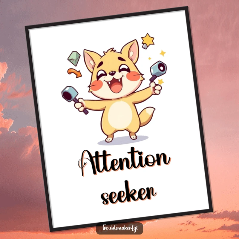 Funny Poster print of a mischievous animal character skillfully juggling a pile of shiny objects, creating a lively scene.