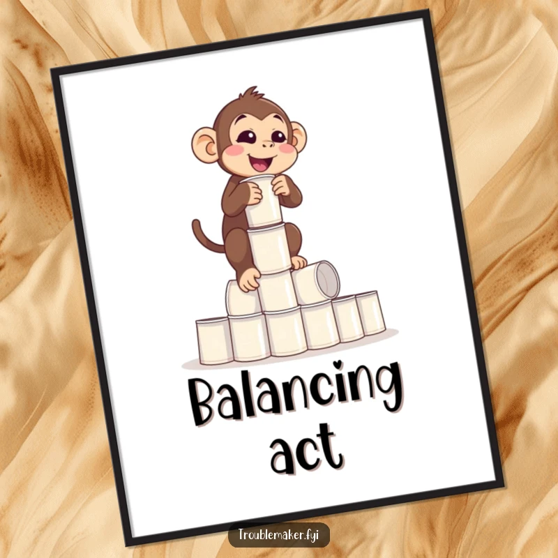 Funny Balance Monkey Poster of a monkey precariously balancing a tower of empty cups, symbolizing life's unpredictable nature, perfect funny gift.