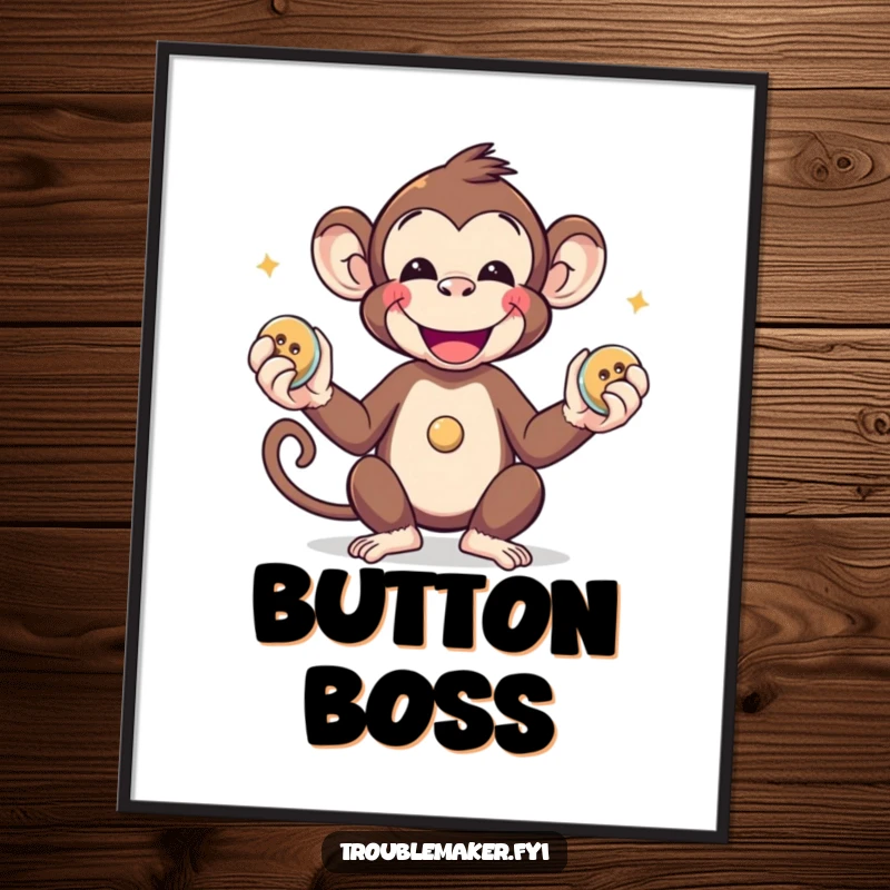 Funny monkey juggling shiny buttons, depicted as a vibrant and cheerful poster print.