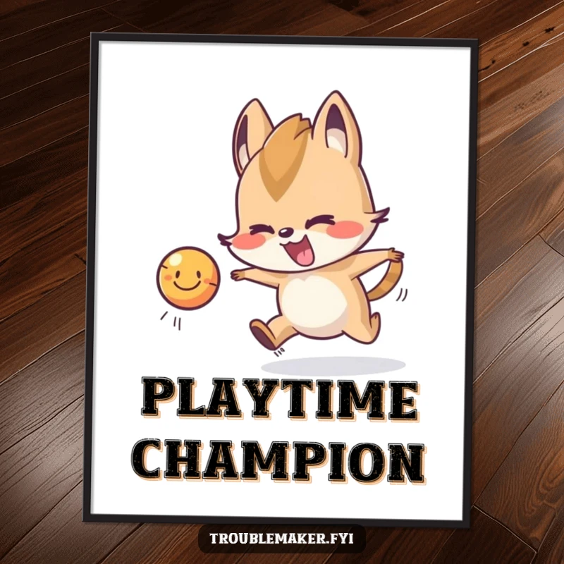 Funny Poster print of a playful animal character enthusiastically chasing a smiling, bouncing ball, depicting pure joy.