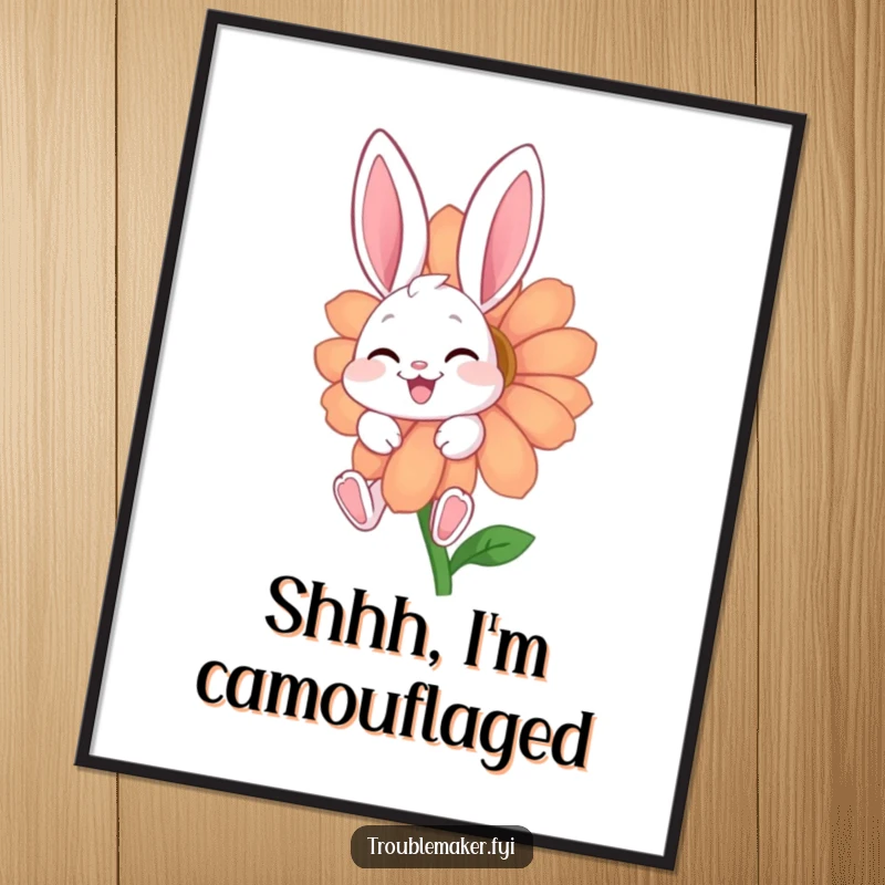 Funny poster showcasing a giggling bunny character shyly hiding behind a large, colorful flower, adding a playful touch to decor.