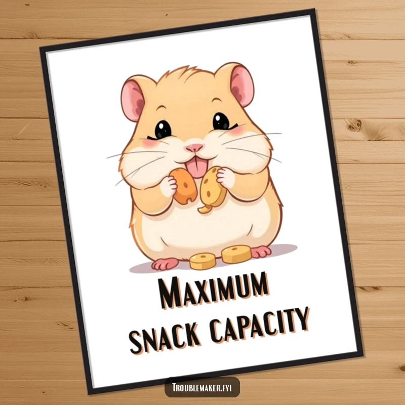 Funny Poster art of a hamster with comically stuffed cheeks, looking content and ready to 'store' more treats, capturing pure snack-lover happiness.