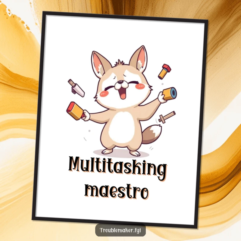 Funny poster of a chaotic animal character comically juggling several small, wobbly objects, capturing a moment of hilarious, stressful fun.