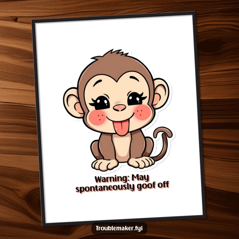Funny monkey poster displaying a cheeky character sticking its tongue out and winking, perfect for humorous wall decor.