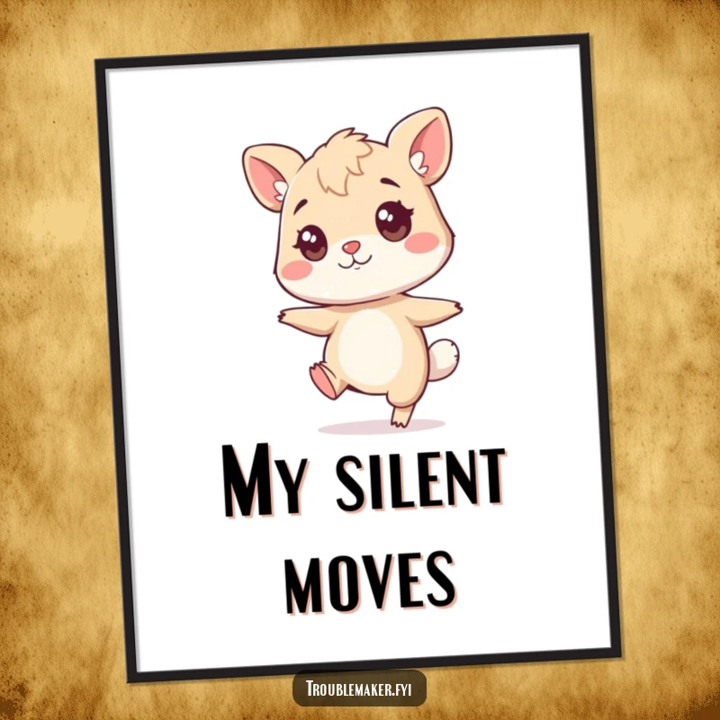 Funny sneaky animal poster, a character exaggeratedly tiptoeing with a mischievous glint, perfect for adding playful decor.