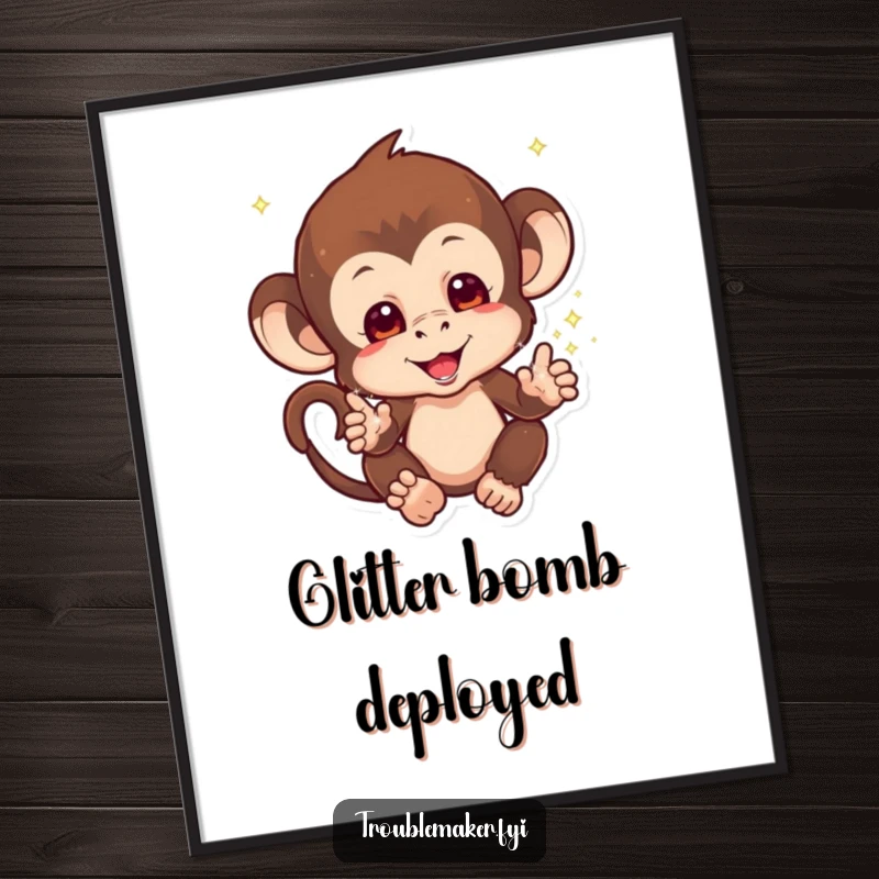 Funny Sparkle Monkey Poster of a mischievous monkey with sparkles falling from its hands, creating a magical scene, perfect funny gift.