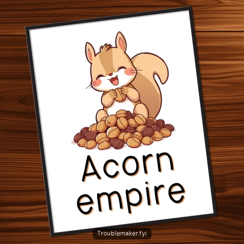 Funny poster art of a squirrel gleefully hoarding a large pile of nuts, embodying the joy of gathering.